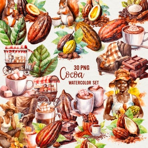 Cocoa Watercolor Clipart, 30 PNG Watercolor Cocoa Beans, Dark Chocolate Cacao Bean Graphics, Instant Download, Commercial use