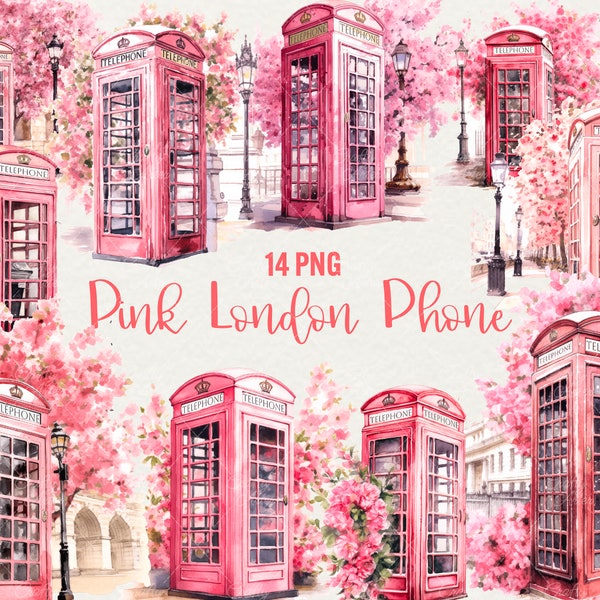 Watercolor Pink Telephone Box Clipart, 14 Png Floral Pink Clipart London Telephone Box, London Pink Illustration, Commercial use