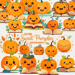 Cartoon Cute Pumpkin Clipart, 24 PNG Art  Halloween Kawaii Graphics Watercolor Sweetie Pumpkin digital Clipart, Commercial use