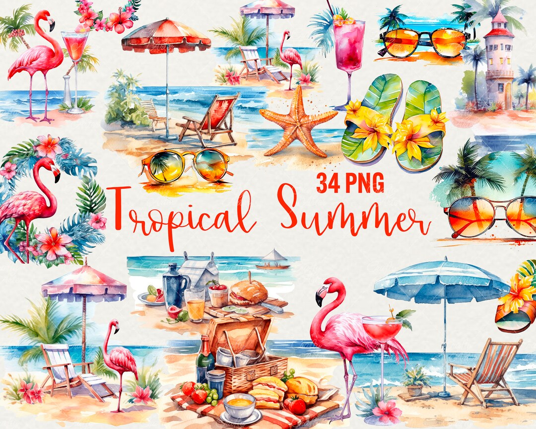Watercolor Beach Clipart: Tropical Summer PNG Graphics (34 Files) - Etsy