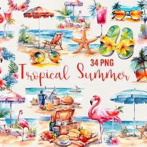 Clipart estate spiaggia tramonto tropicale acquerello clipart - 34 PNG, oceano soleggiato, fenicotteri, cocktail e altro per uso commerciale.