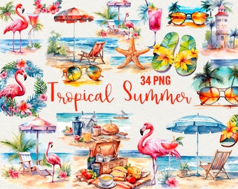 Aquarell Strand Clipart: Tropischer Sommer PNG Grafiken (34 Dateien)