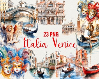 May include: Watercolor illustrations of Venice, Italy, featuring gondolas, bridges, buildings, and carnival masks. The text "23 PNG Italia Venice" is included in the image.