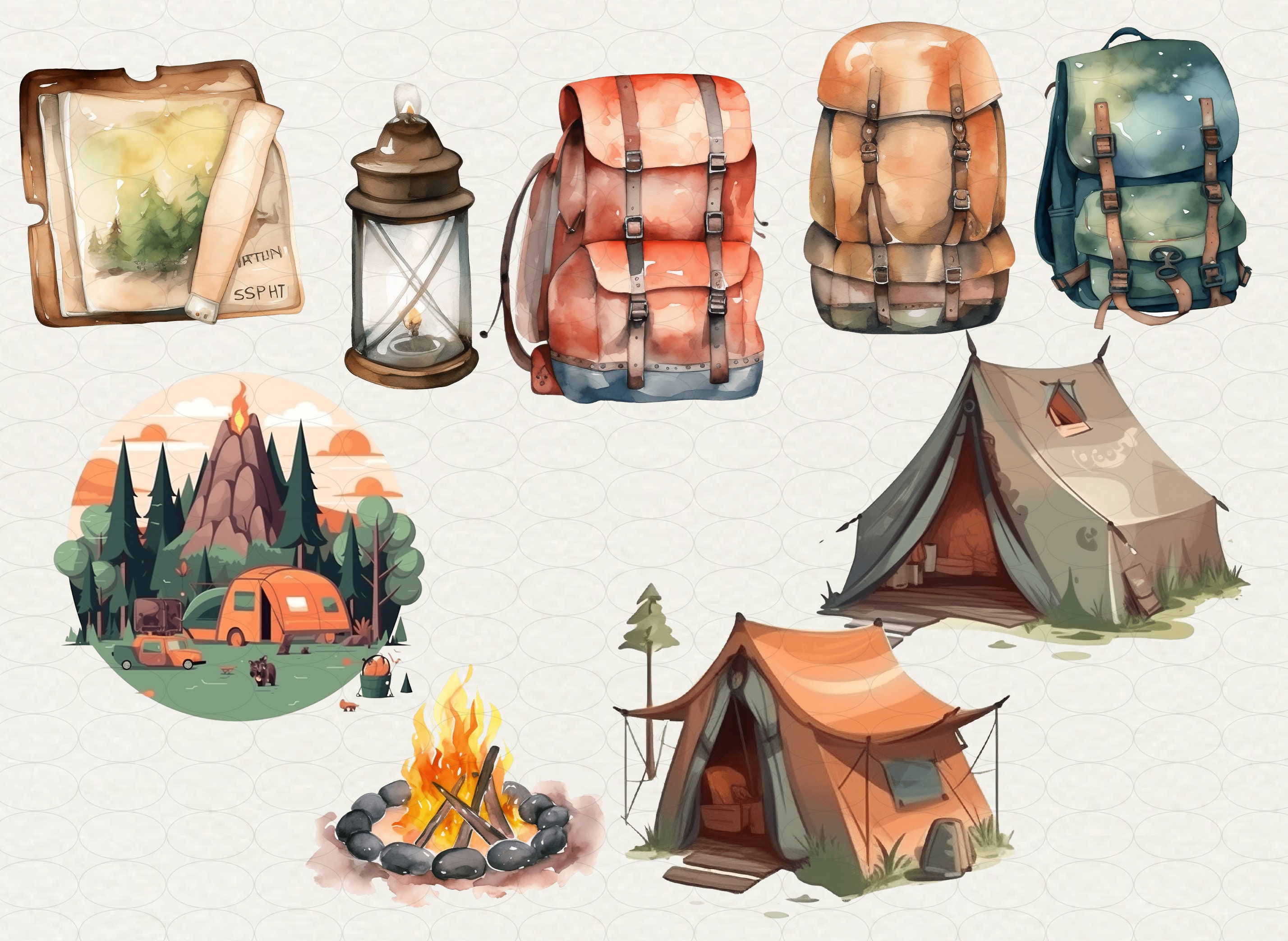 Camping Clipart - Backpacking Clip Art - Hiking - Campfire