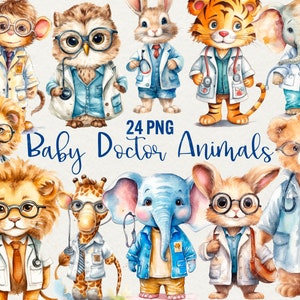 Clipart de animales de doctor en acuarela, 25 PNG de animales bebés de doctor, clipart de animales para niños para uso comercial