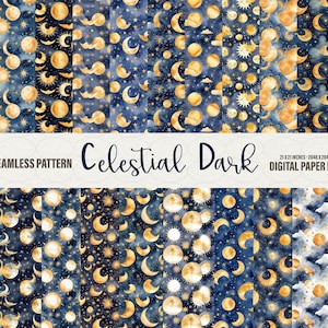 Celestial Digital Paper, 21 naadloze patronen Donkere nachtelijke hemel naadloze achtergrond Aquarel plakboek digitale textuur Commercieel gebruik.