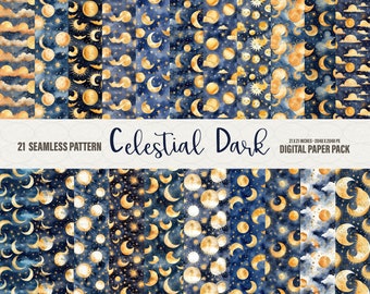 Celestial Digital-papier: 21 aquarelpatronen nachtelijke hemel (commercieel gebruik)
