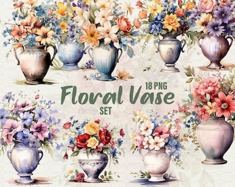 Watercolor Flowers Clipart: Vase Floral PNG Set (Digital Download)