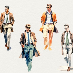 May include: Four men wearing different styles of coats and pants. The men are all wearing sunglasses and ties. The coats are in shades of brown and orange. The pants are in shades of beige, white, and blue.