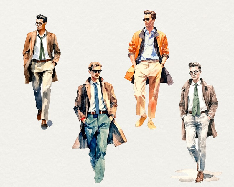 May include: Four men wearing different styles of coats and pants. The men are all wearing sunglasses and ties. The coats are in shades of brown and orange. The pants are in shades of beige, white, and blue.