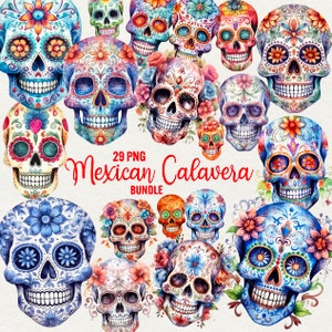 Watercolor Mexican Calavera Clipart, 29 PNG Travel clipart, Traditional Mexican clipart skull, Commercial use