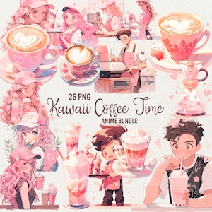 Rosa Kawaii Coffee Shop Clipart, süße Kaffee Clipart Grafiken 26 PNG Schöne Latte Art Rosa Anime Mädchen Junge Barista Clipart, kommerzielle Nutzung