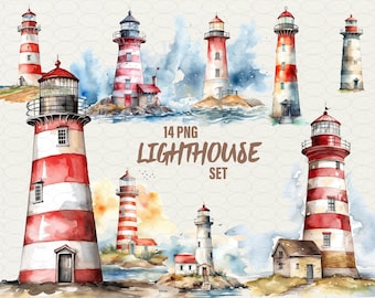 Watercolor Lighthouse Clipart: Ocean Scene PNG Bundle (14 Files)