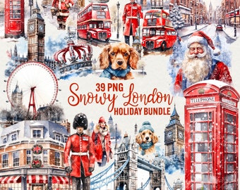 Christmas London Clipart, 39 png Watercolor Snowy London Winter illustration, city bus London santa, tower telephone box, Commercial use