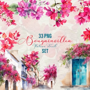 Aquarell Bougainvillea Clipart Set, 33 PNG für Einladung Geschenkkarten, Italienische Straße rosa Blumen Clipart, Blumen Clipart, kommerzielle Nutzung