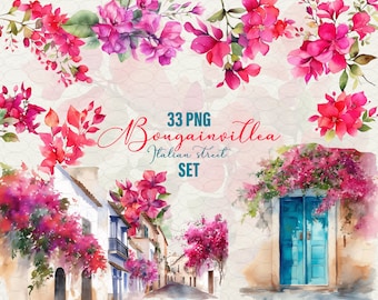 Watercolor Bougainvillea Clipart Set: Italian Flowers (33 PNG) Commercial Use