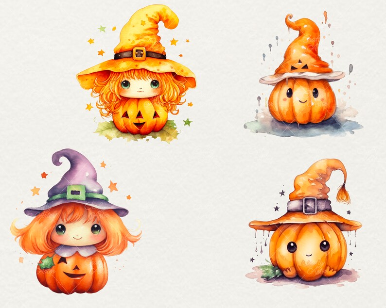 Watercolor Witch Pumpkin Clipart, Cute Halloween Graphics (24 PNG) - Etsy