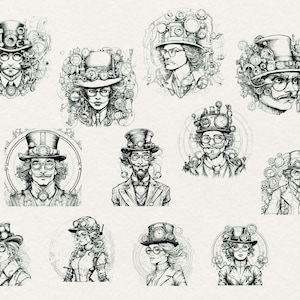 May include: A collection of 12 black and white illustrations of steampunk-inspired characters wearing elaborate hats and goggles. The characters are depicted with intricate details and a whimsical aesthetic.