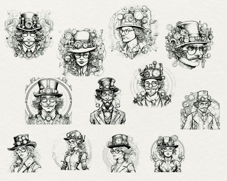 May include: A collection of 12 black and white illustrations of steampunk-inspired characters wearing elaborate hats and goggles. The characters are depicted with intricate details and a whimsical aesthetic.