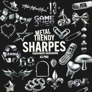 Metal Trendy Sharpes PNG Bundle, Chrom Y2K Objekte Clipart, Tribal Elemente, Silber Grafiken, Gothic digitale Aufkleber, kommerzielle Nutzung