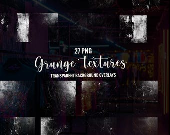 May include: A digital art image showcasing 27 PNG grunge textures with transparent background overlays. The textures include distressed paint, scratches, and splatters, in black, white, and grey. The text "Grunge textures" is written in a cursive font.