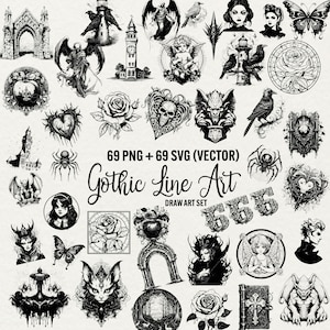 Line Drawing Gothic Clipart, Mystical Clipart, 69 Png and Svg Gothic Vector, Dark Fantasy Vampire Illustration, Cricut files, Commercial Use