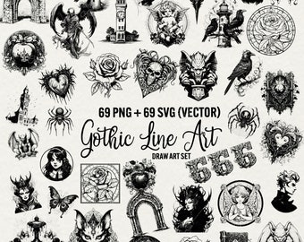 Line Drawing Gothic Clipart, Mystical Clipart, 69 Png and Svg Gothic Vector, Dark Fantasy Vampire Illustration, Cricut files, Commercial Use