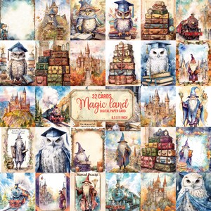 May include: A set of 32 digital paper cards featuring a whimsical theme of magic and fantasy. The cards feature illustrations of owls, castles, trains, suitcases, and wizards. The cards are 8.5 inches by 11 inches.