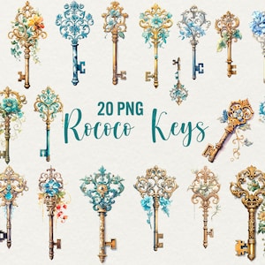 Rococo-sleutels Clipart 20 PNG Fantasy Clipart Vintage sleutel aquarel sierlijke illustraties, Instant Download, commercieel gebruik.