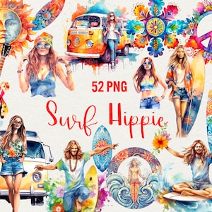 Aquarelle surfeur hippie clipart, 52 PNG voyage hippie été clipart, palmier, surf, vacances voyage clipart usage Commercial