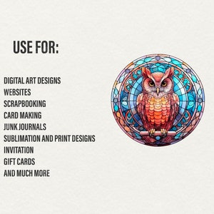 K&ouml;nnte beinhalten: Eine Illustration im Stil eines Buntglasfensters mit einer Eule in einem blauen, rosa und orangenen Farbschema. Die Eule sitzt auf einem Ast mit einem runden Rahmen darum herum. Der Text "USE FOR:" befindet sich &uuml;ber dem Bild, gefolgt von einer Liste der Verwendungsm&ouml;glichkeiten f&uuml;r das Design, darunter digitale Kunstdesigns, Websites, Scrapbooking, Kartenherstellung, Junk Journals, Sublimations- und Druckdesigns, Einladungen, Geschenkkarten und vieles mehr.