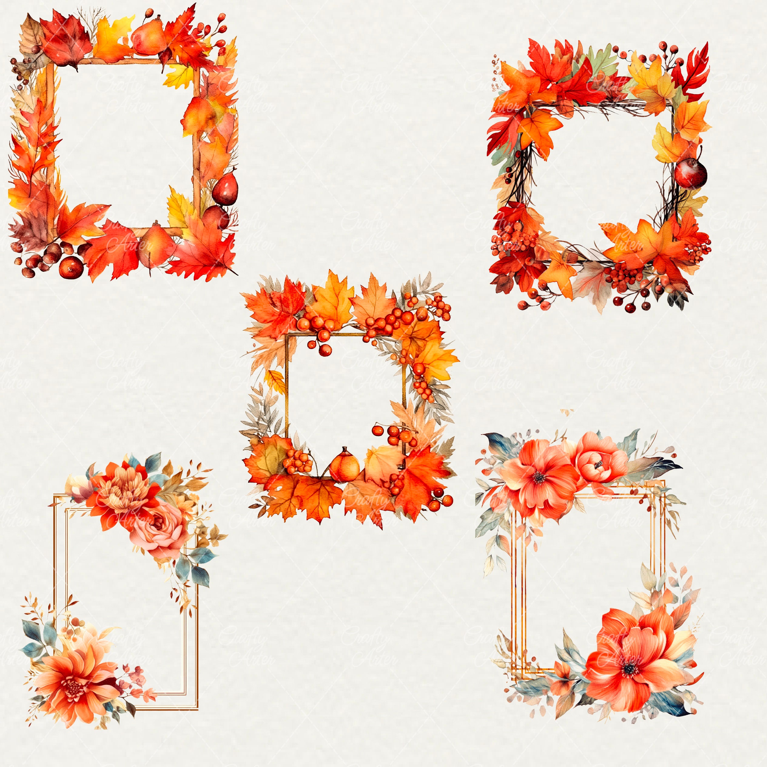 Watercolor Autumn Frames Clipart: Floral Border PNG Set (25 Files ...