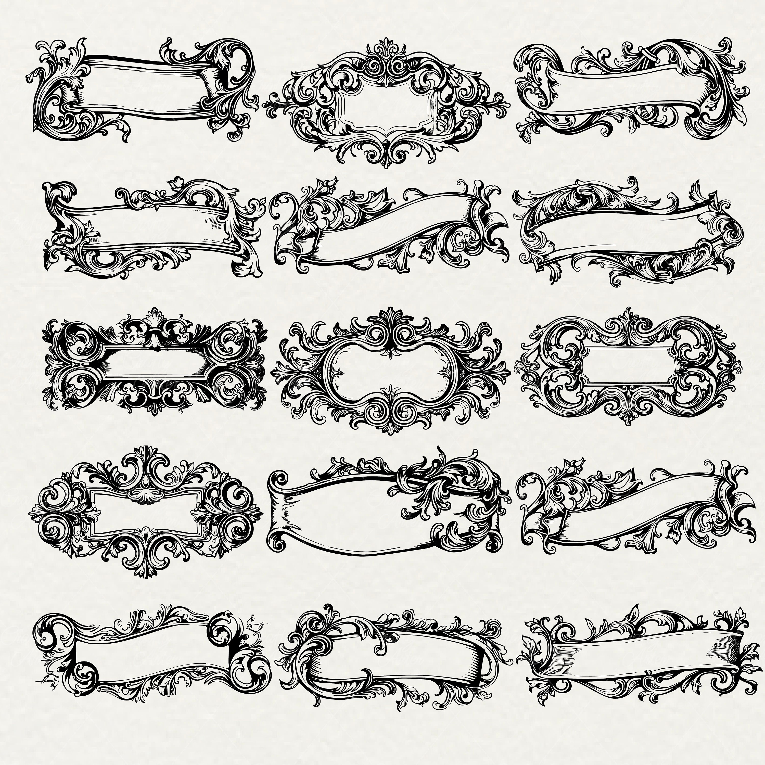 Paquete de imágenes prediseñadas de pancartas vintage: marcos ornamentados,  diseños de pergaminos y cintas (SVG, PNG) - Etsy México, image size:3000x3000