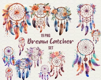 Watercolor Flower Dreamcatcher Clipart Set: Boho Nursery Art (PNG, Commercial Use)