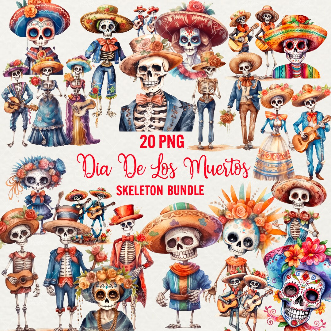 Watercolor Day of the Dead Skeleton Clipart, Halloween Muertos (20 PNG ...