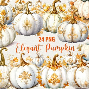 May include: 24 PNG Elegant Pumpkin digital clipart featuring white pumpkins with gold accents and fall leaves. The pumpkins have a variety of ornate designs and are perfect for fall crafts and decorations.