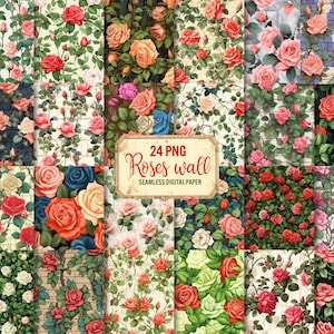 Padrão sem emenda de rosas, 24 PNG Papel digital de rosas, fundo floral, Textura de rosas de jardim Padrões de papel sem emenda digitais, Uso comercial