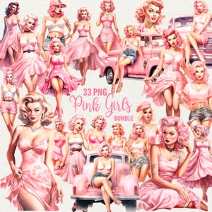 Clipart di ragazze retrò rosa acquerello, clipart di ragazze pin up, 33 PNG vestito rosa da donna, belle donne ragazza donna, uso commerciale