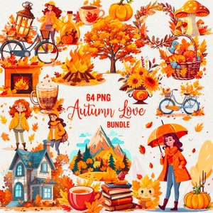 Watercolor Autumn Clipart, 64 PNG Cartoon Autumn illustration, Autumn Leaves Girl, Street, Autumn kids, autumn girl pumpkin Commercial use