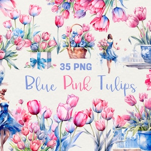 Watercolor Blue Pink Tulips Clipart, 35 PNG Watercolor Tulips Flowers Clipart Tulip Wreath, Pink Blue Spring Floral clipart, Commercial Use