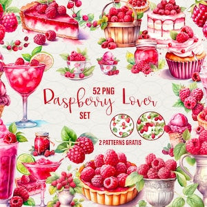 Aquarell Himbeeren Clipart, 52 PNG digitale Kunst Himbeeren Limonade, Kuchen, Obst, Milchshake, Eiscreme und mehr für den kommerziellen Gebrauch.