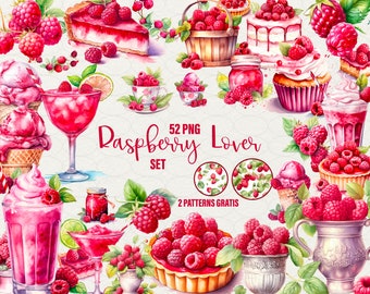 May include: A watercolor illustration set of 52 raspberry-themed images, including a cake, cupcakes, ice cream, a glass of juice, a jar of jam, and a bowl of raspberries. The set also includes two patterns with raspberries. The text "Raspberry Lover Set" and "2 Patterns Gratis" is included in the image.