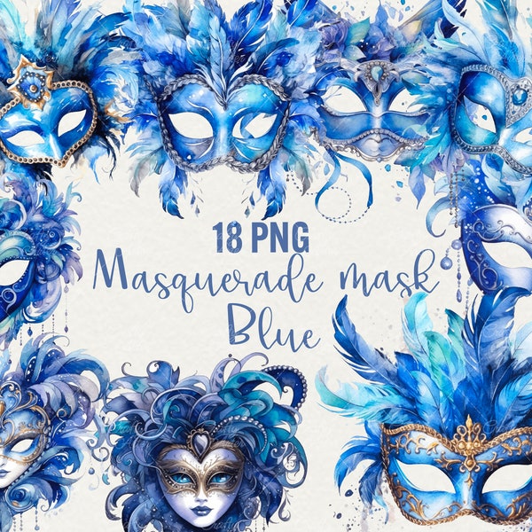 Watercolor Blue Masquerade Clipart, 18 Png digital art carnival Masks graphics and masquerade Mask, Commercial Use.