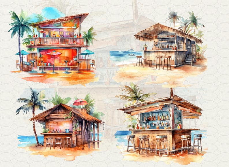 Watercolor Beach bar Clipart, 20 png tropical island Hawaii cocktail bar palms, drink bar on beach, Commercial Use.