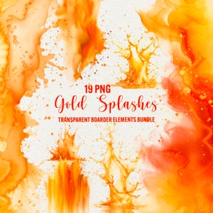 Aquarell Gold Spritzer, 19 png goldene flüssige Ränder, orange tropft Hintergrund, goldene Überlagerungen, transparente Randelemente, kommerzielle Nutzung