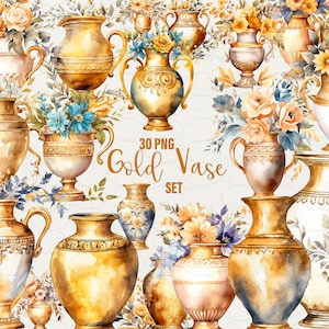 Vase en or vintage aquarelle Clipart, 30 png, fabrication de cartes, scrapbooking de fleurs aquarelles anciennes, illustration numérique, utilisation commerciale.