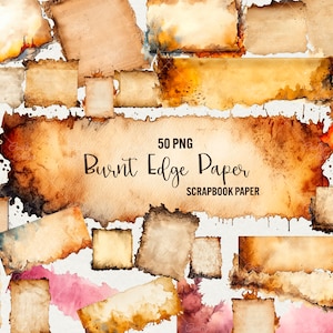 Clipart di carta con bordo bruciato ad acquerello, bundle da 50 PNG Acquerello Vintage carta bruciata artigianato Scrapbook vecchia carta bordo strappato Giornale Uso commerciale