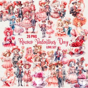 Clipart acquerello di San Valentino, 26 PNG Rococò San Valentino, Amore Coppie romantiche Illustrazione di San Valentino, Arte digitale, Uso commerciale
