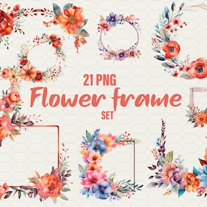 Clipart fleurs Boho, fleurs d'été Boho aquarelle, cadre Boho mariage, 21 fleurs PNG, cadre couronne de clipart été Boho, usage Commercial.