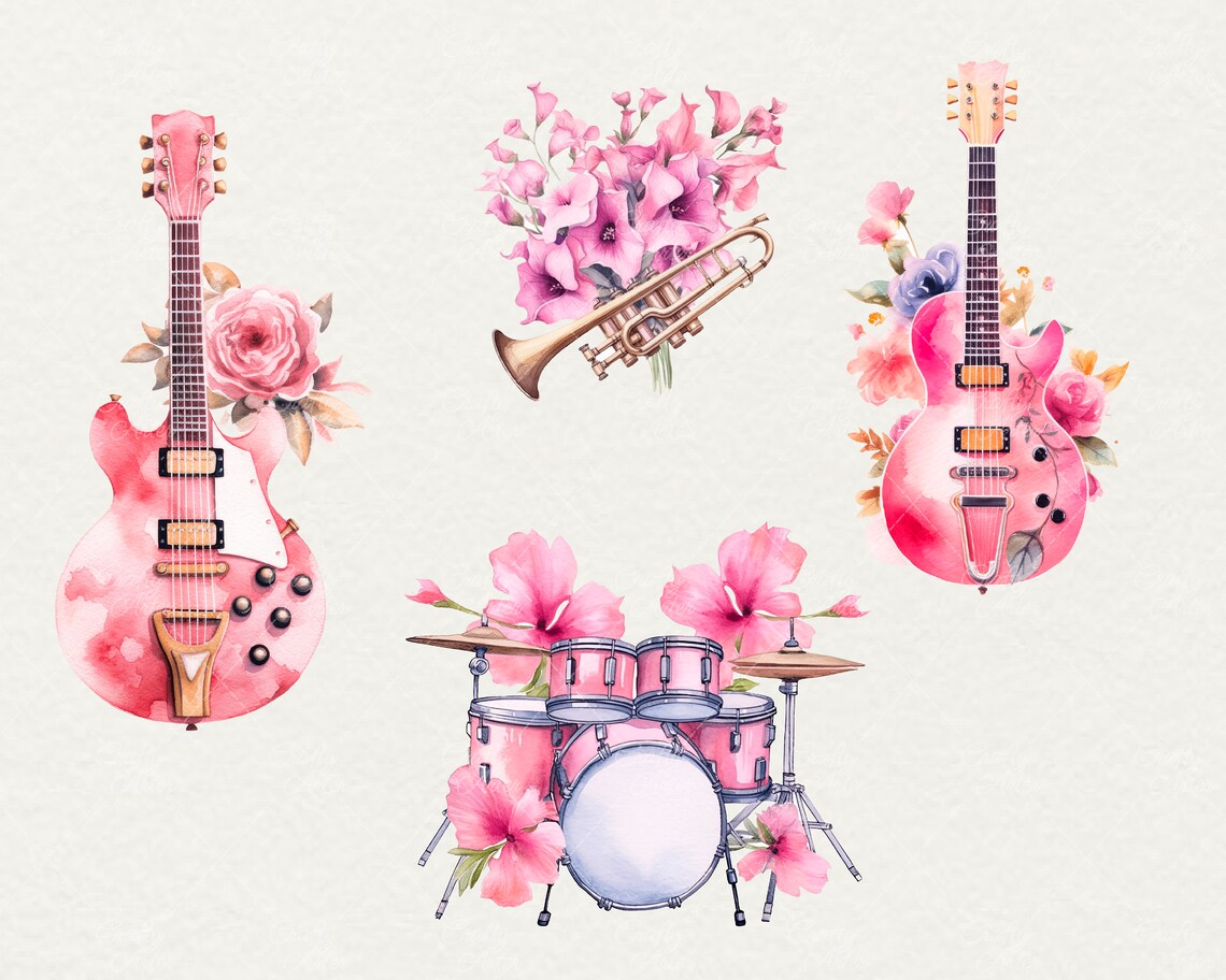 Watercolor Floral Musical Instruments Clipart (28 PNG) - Etsy